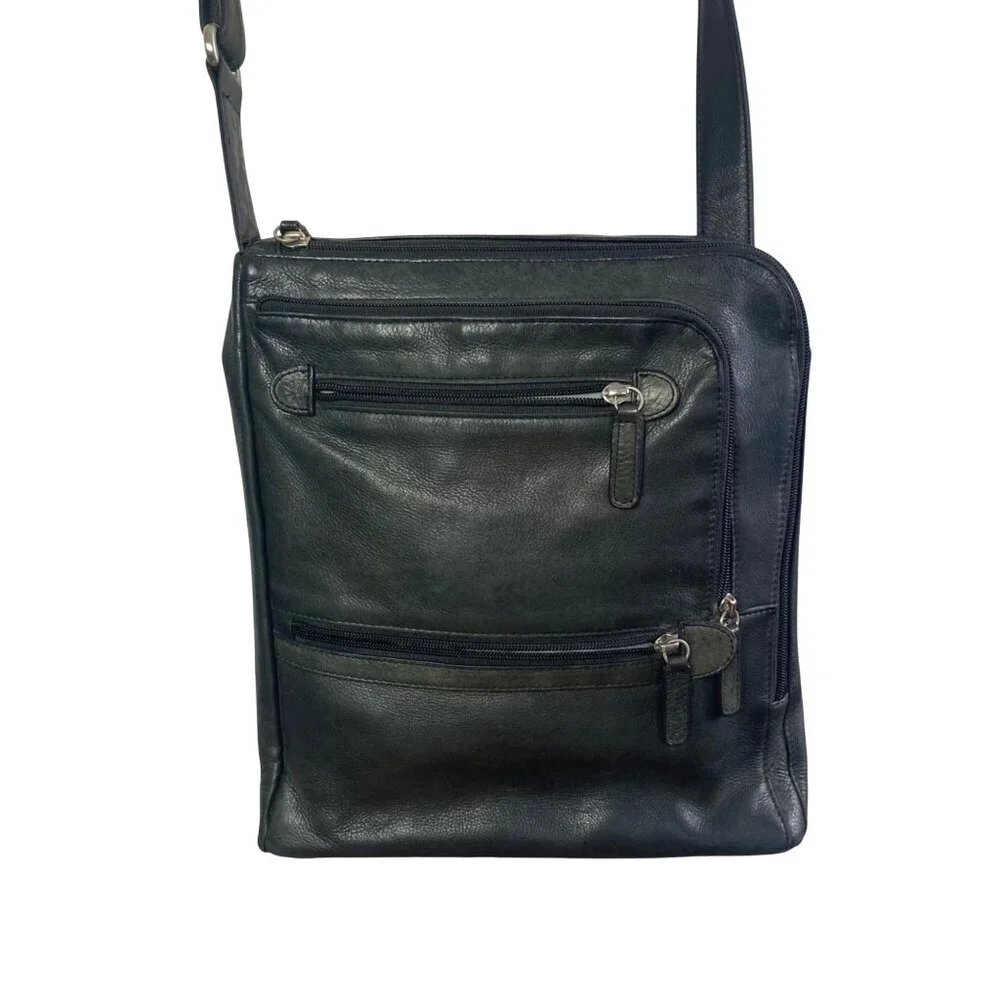 Levenger Black Leather Crossbody Laptop Tablet Bag Multiple Pockets Adj Strap